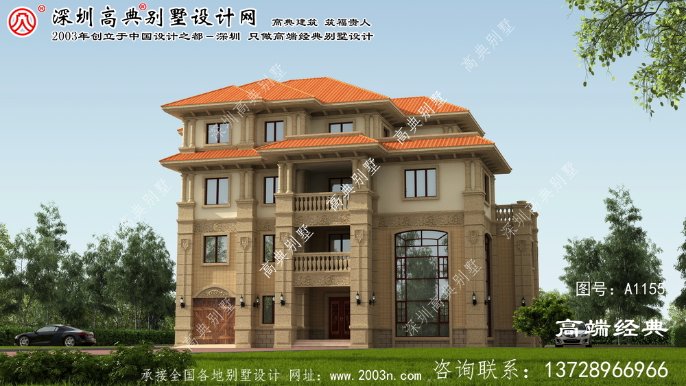 阳朔县设计图纸为三层独栋别墅，自建小户型住宅效果图。
