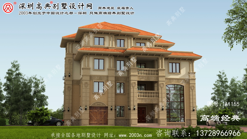 阳朔县设计图纸为三层独栋别墅，自建小户型住宅效果图。